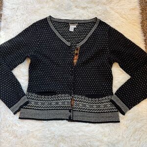 Isabella Bird black v neck fair isle cardigan button up wool blend medium